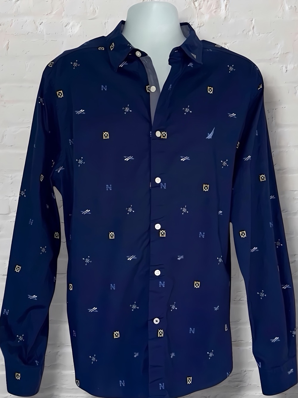 Nautica Classic Fit Stretch Button Down Shirt XL Navy Nautical Print